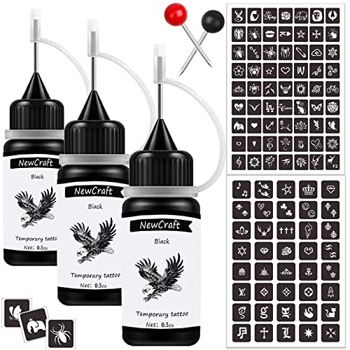 NewCraft 3 Packs Black Temporary Tattoo Ink and Stencils for Adults Teens, Temporary Tattoo Kit Skin Friendly - Image 1