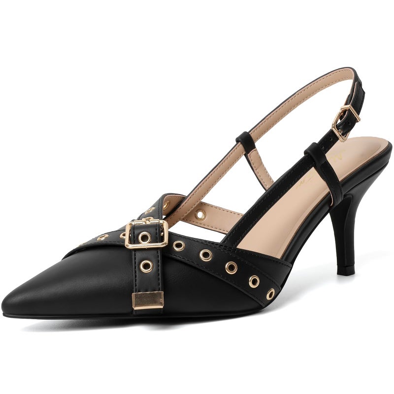 Mostrin Black Slingback Kitten Heels for Women Studded Heeled Pumps Pointed Closed Toe Heels Vintage Stiletto Pumps Shoes - Image 1