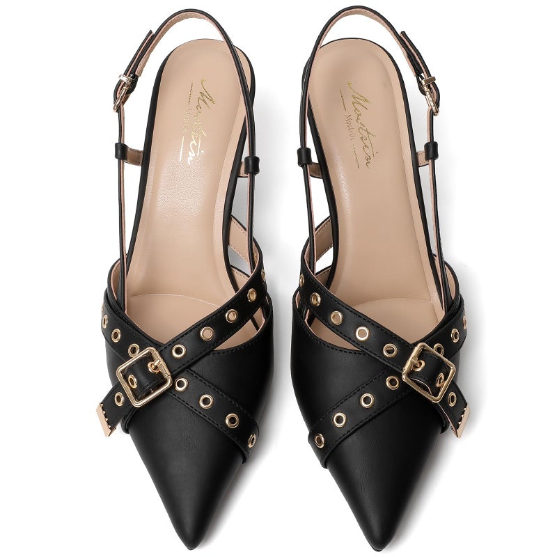 Mostrin Black Slingback Kitten Heels for Women Studded Heeled Pumps Pointed Closed Toe Heels Vintage Stiletto Pumps Shoes - Image 5