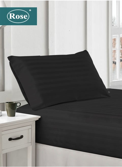 Rose Luxurious Hotel Stripe Fitted Sheet with Deep Pockets and Pillow Case, Bed Sheet 2-Pieces Set, Soft & Silky Microfiber Breathable and Cooling, Extra Twin Size 120x200+35 cm, Black
