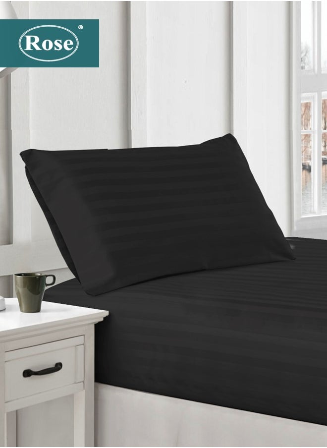 Rose Rose Luxurious Hotel Stripe Fitted Sheet with Deep Pockets and Pillow Case, Bed Sheet 2-Pieces Set, Soft & Silky Microfiber Breathable and Cooling, Extra Twin Size 120x200+35 cm, Black  - Image 1