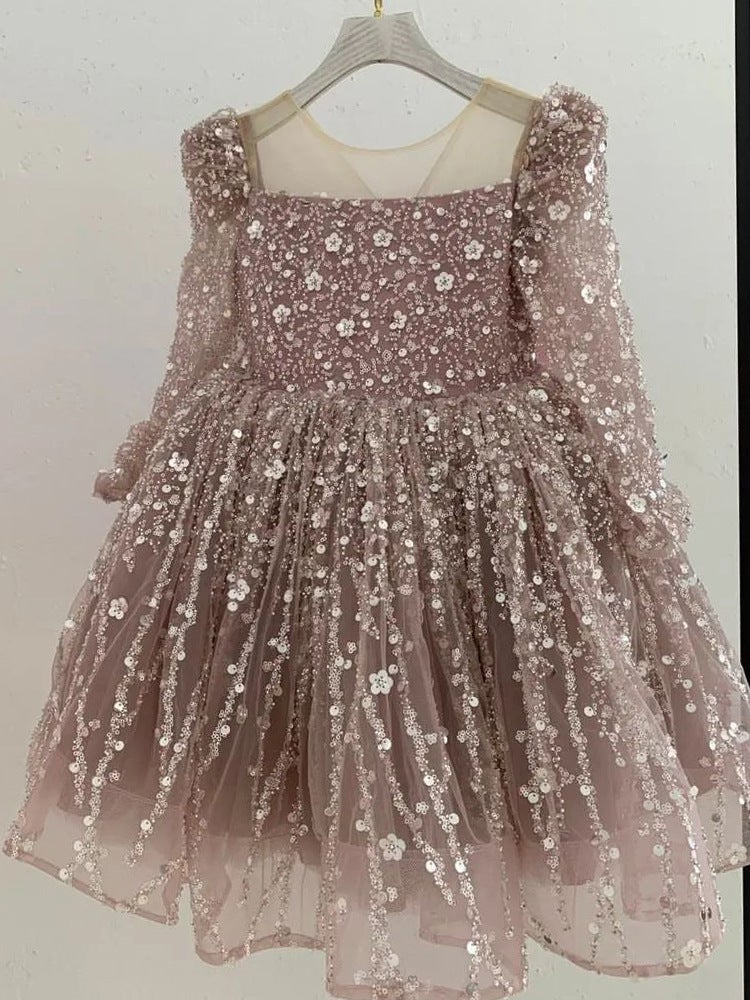 2024 Sparkly Sequin Long Sleeve Girls Birthday Princess Dress Lotus root color 