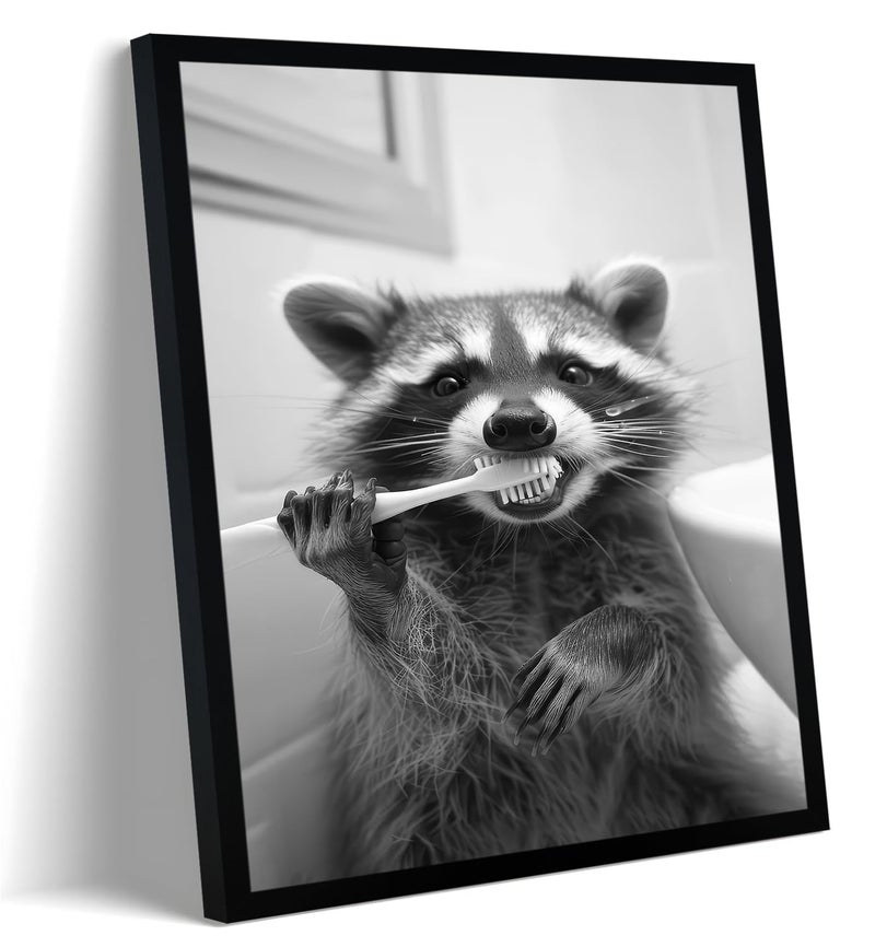 FYLDPSB Raccoon Framed Canvas Wall Art Funny Animals Bathroom Wall Decor Raccoon Brushing Teeth Painting Pictures Black and White Animal Print Posters, home decor for Bathroom, 8" W * 10" H - Image 1