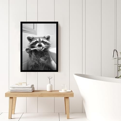 FYLDPSB Raccoon Framed Canvas Wall Art Funny Animals Bathroom Wall Decor Raccoon Brushing Teeth Painting Pictures Black and White Animal Print Posters, home decor for Bathroom, 8" W * 10" H - Image 4