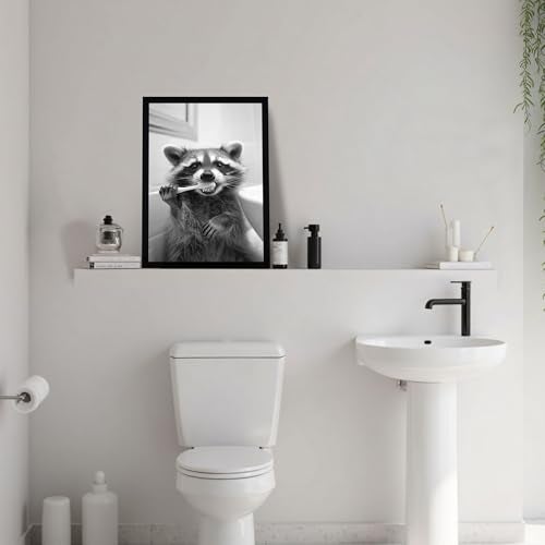 FYLDPSB Raccoon Framed Canvas Wall Art Funny Animals Bathroom Wall Decor Raccoon Brushing Teeth Painting Pictures Black and White Animal Print Posters, home decor for Bathroom, 8" W * 10" H - Image 5