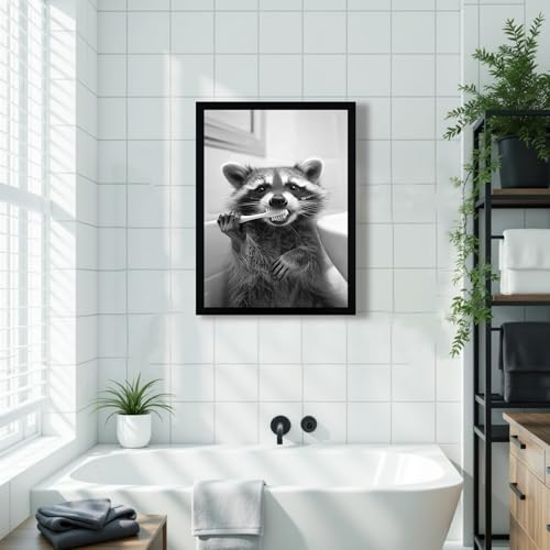 FYLDPSB Raccoon Framed Canvas Wall Art Funny Animals Bathroom Wall Decor Raccoon Brushing Teeth Painting Pictures Black and White Animal Print Posters, home decor for Bathroom, 8" W * 10" H - Image 2