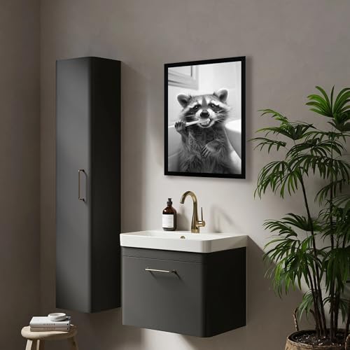 FYLDPSB Raccoon Framed Canvas Wall Art Funny Animals Bathroom Wall Decor Raccoon Brushing Teeth Painting Pictures Black and White Animal Print Posters, home decor for Bathroom, 8" W * 10" H - Image 3