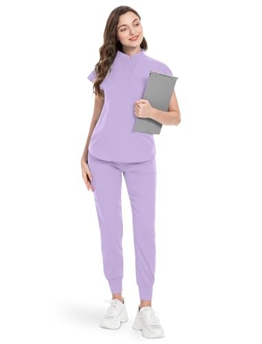 niaahinn Scrubs Set for Women Nurse Uniform Jogger Suit Stretch Top & Pants with Multi Pocket for Nurse Esthetician Workwear (Lavender, Small) - Image 2