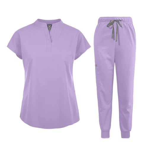 niaahinn Scrubs Set for Women Nurse Uniform Jogger Suit Stretch Top & Pants with Multi Pocket for Nurse Esthetician Workwear (Lavender, Small) - Image 1
