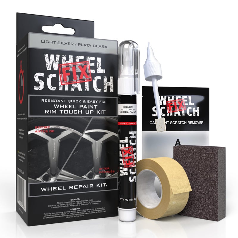 Wheel Scratch Fix طلاء تصحيح خدوش العجلات® فضي لتلميع السيارات - مجموعة إصلاح العجلات المصنوعة من سبائك الألومنيوم، مزيل خدوش الأرصفة مع قلم سريع الجفاف - طلاء Rim للسيارات بلمسة نهائية تدوم طويلاً لإصلاح الخدوش والرقائق في المنزل (فضي فاتح) - Image 1