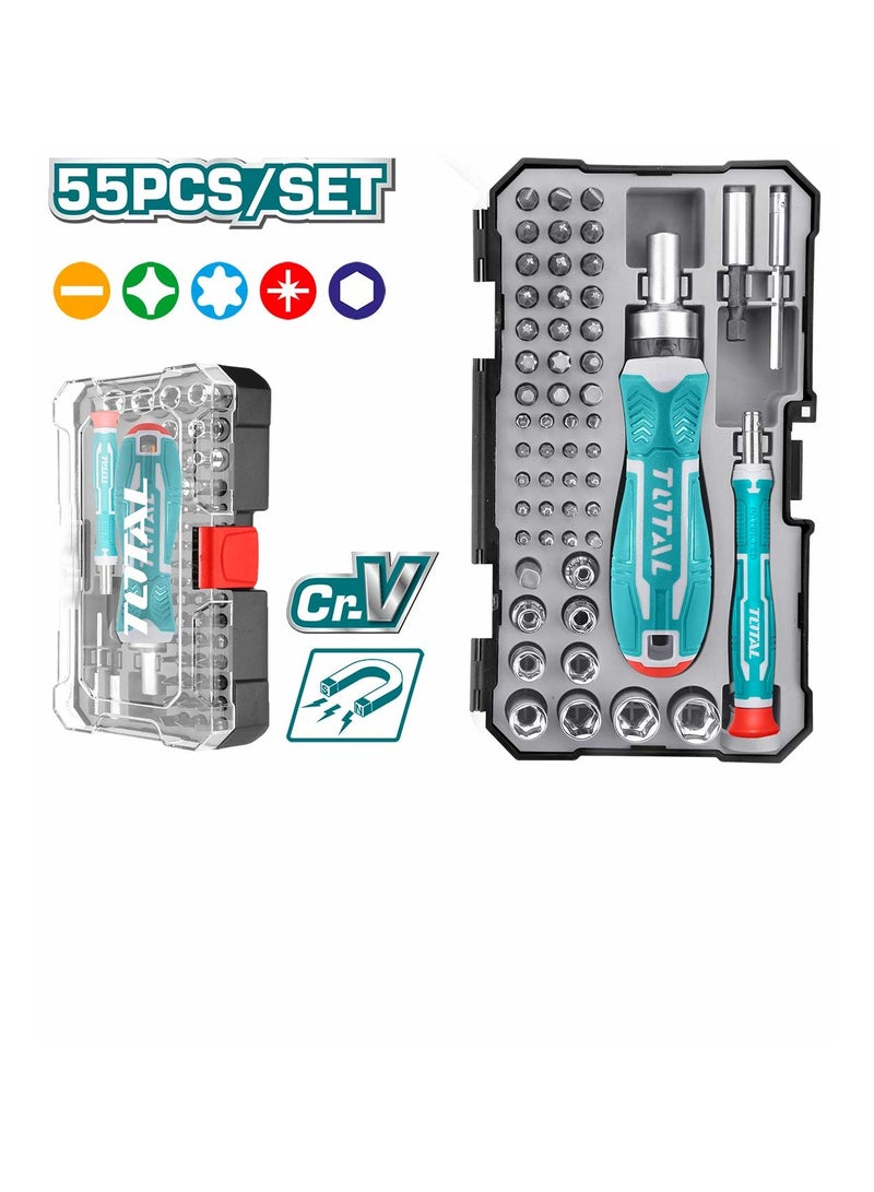 TOTAL 55 Pcs Screwdriver Bits Set with Ratcheting Handle - Image 1