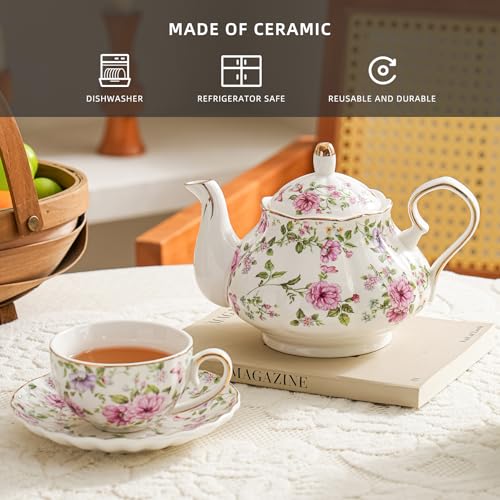 Agyiuns Flower Ceramic Teapot,22oz Porcelain Tea pot for Tea Coffee Milk for Office Home Men Women as Gift (White and big flowers) - Image 3