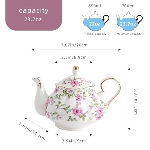 Agyiuns Flower Ceramic Teapot,22oz Porcelain Tea pot for Tea Coffee Milk for Office Home Men Women as Gift (White and big flowers) - Image 2