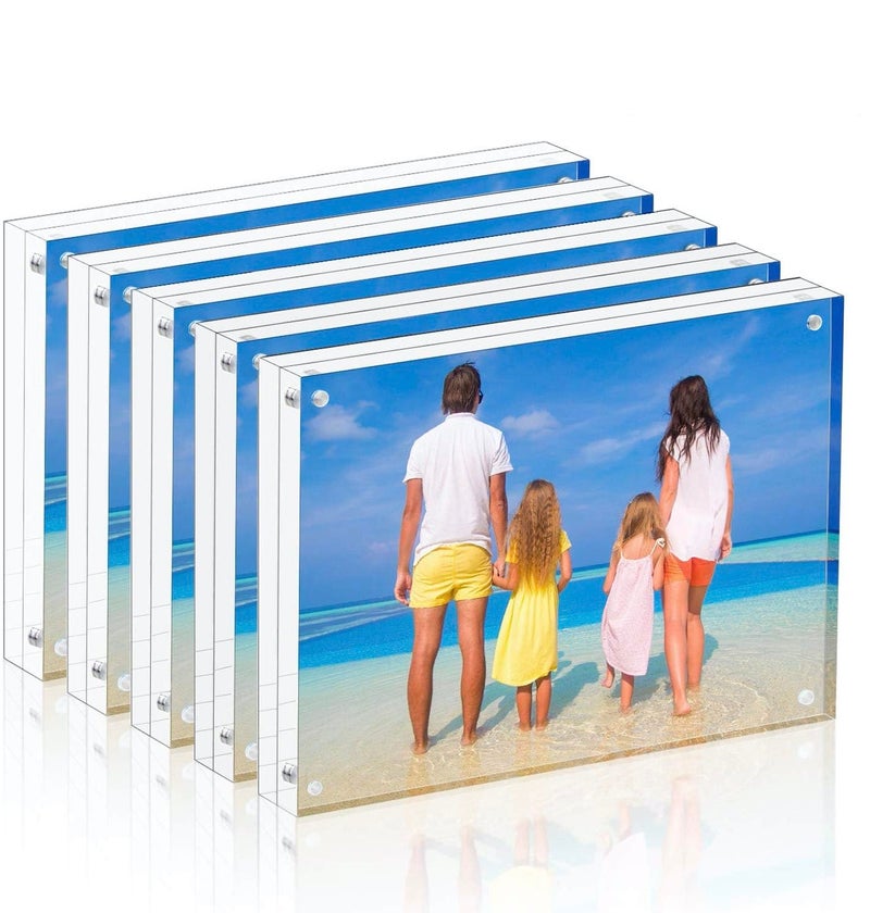 Meetu Acrylic Picture Frame 3.5 x 5 inch 5 Pack Clear Freestanding Double Sided 20mm Thickness Frameless Magnetic Photo Frames Desktop Display with Gift Box Package