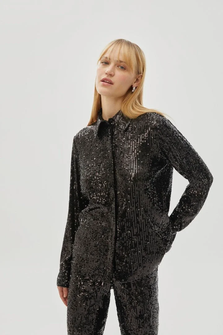 EXQUISE Black Sequin Regular Shirt