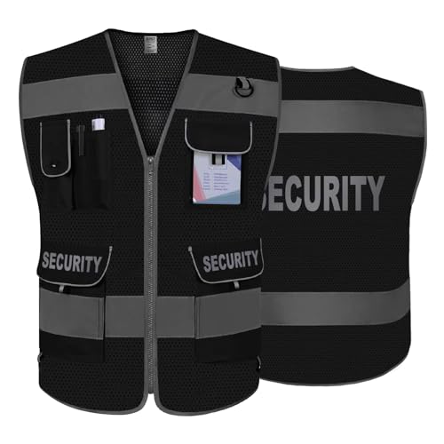 TCCFCCT Mesh Security Vest for Security Guard 9 Pockets High Visibility Reflective Safety Vest for Men Women, Durable Hi Vis Vest with Reinforced Sewing, Meets ANSI/ISEA, (G100S-Black, S) - Image 1