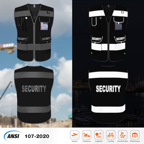 TCCFCCT Mesh Security Vest for Security Guard 9 Pockets High Visibility Reflective Safety Vest for Men Women, Durable Hi Vis Vest with Reinforced Sewing, Meets ANSI/ISEA, (G100S-Black, S) - Image 2