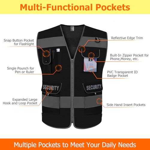 TCCFCCT Mesh Security Vest for Security Guard 9 Pockets High Visibility Reflective Safety Vest for Men Women, Durable Hi Vis Vest with Reinforced Sewing, Meets ANSI/ISEA, (G100S-Black, S) - Image 3