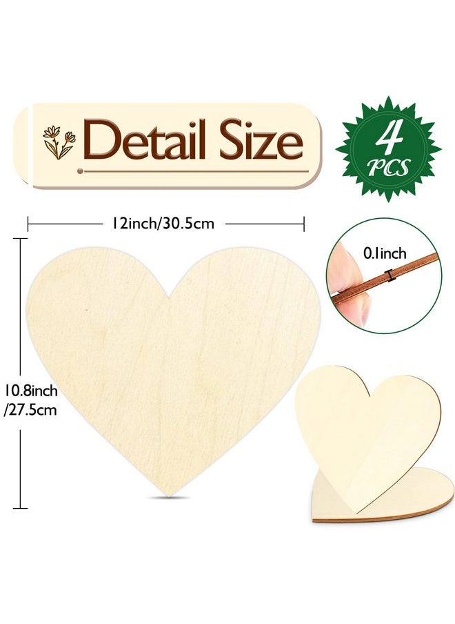 BOQIN - Wood Hearts For Crafts 12 Inch 4 Pack Diy Blank Wooden Heart Shape Ornaments For Crafts Unfinished Hearts Wood Cutout For Crafts Valentine'S Hearts Wooden Things To Paint On - Image 1