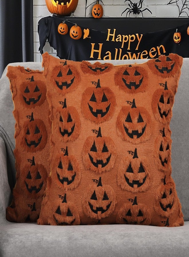 4TH Emotion Halloween Pumpkin Decorative Pillow Covers 18x18 Set of 2, Dark Rust Red Soft Plush Faux Fur Farmhouse Throw Cushion Cases for Fall Autumn Holiday Home Decorations - Image 1