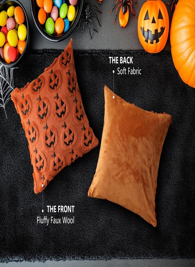 4TH Emotion Halloween Pumpkin Decorative Pillow Covers 18x18 Set of 2, Dark Rust Red Soft Plush Faux Fur Farmhouse Throw Cushion Cases for Fall Autumn Holiday Home Decorations - Image 5