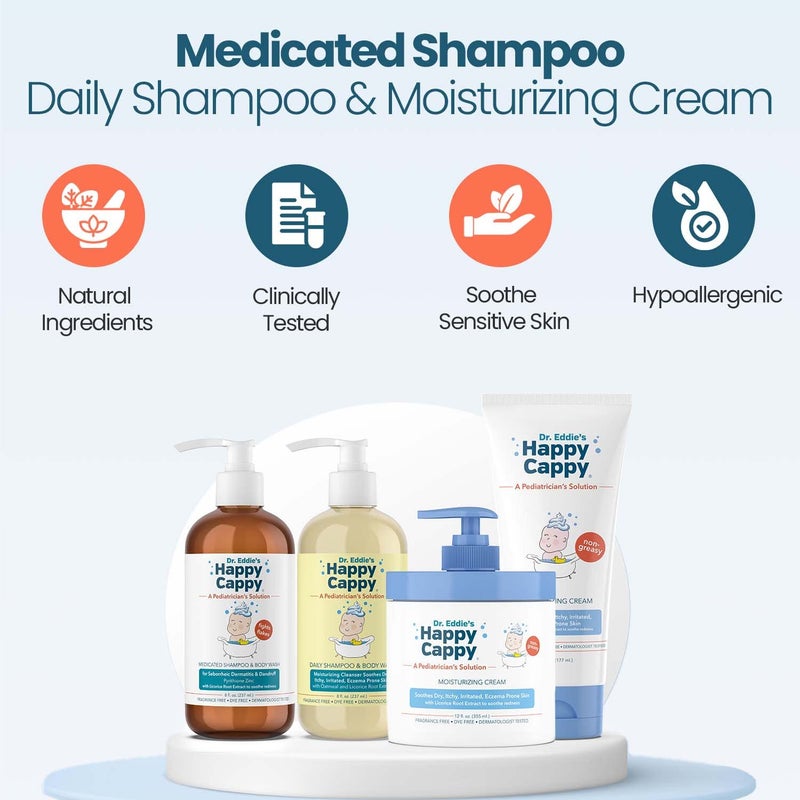 Happy Cappy 3-Step Skincare Bundle - Baby Dandruff Shampoo, Moisturizing Eczema Body Wash & Lotion for Kids, Toddlers & Adults - Medicated & Daily Shampoo (8oz Each), Moisturizing Cream (6oz & 12oz) - Image 3