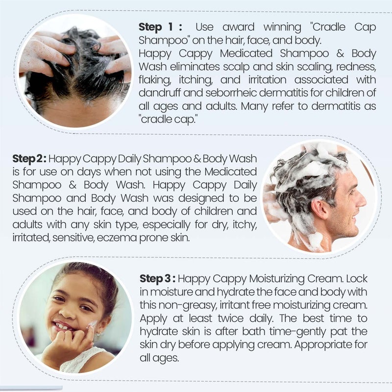 Happy Cappy 3-Step Skincare Bundle - Baby Dandruff Shampoo, Moisturizing Eczema Body Wash & Lotion for Kids, Toddlers & Adults - Medicated & Daily Shampoo (8oz Each), Moisturizing Cream (6oz & 12oz) - Image 5