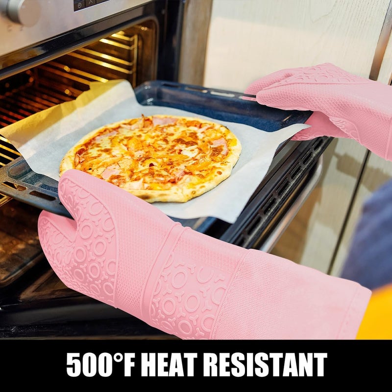 Rorecay Extra Long Oven Mitts and Pot Holders Sets: Heat Resistant Silicone Oven Mittens with Mini Oven Gloves and Hot Pads Potholders for Kitchen Baking Cooking, Quilted Liner, Pack of 6 (Pink) - Image 4