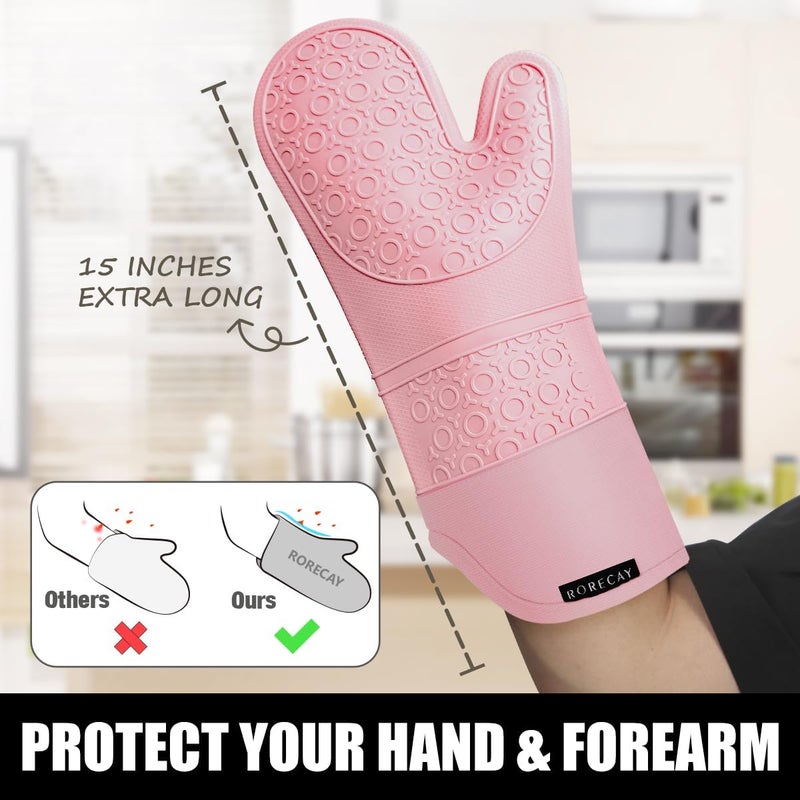 Rorecay Extra Long Oven Mitts and Pot Holders Sets: Heat Resistant Silicone Oven Mittens with Mini Oven Gloves and Hot Pads Potholders for Kitchen Baking Cooking, Quilted Liner, Pack of 6 (Pink) - Image 2