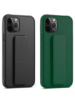 YOMNA Case with Magnetic Stand & Holder, Premium Silicone Multi Stand, Car Mount Kickstand Case Finger Grip Strap Cover Case compatible with Iphone 13 Pro - 6.1 (Black/Dark Green)(Set of 2)  - Image 1
