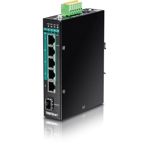 Trendnet مفتاح DIN-Rail الصناعي القوي 5 منافذ من TRENDnet مع PoE+ جيجابت، ميزانية طاقة 120 واط، 1 فتحة SFP، تصنيف IP30، مفتاح غير مُدار، مفتاح شبكة جيجابت PoE+، حماية مدى الحياة، أسود، TI-PG541 - Image 1