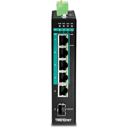 Trendnet مفتاح DIN-Rail الصناعي القوي 5 منافذ من TRENDnet مع PoE+ جيجابت، ميزانية طاقة 120 واط، 1 فتحة SFP، تصنيف IP30، مفتاح غير مُدار، مفتاح شبكة جيجابت PoE+، حماية مدى الحياة، أسود، TI-PG541 - Image 3