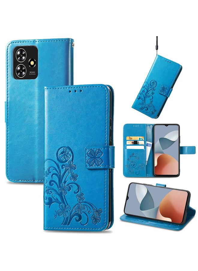 زبون جراب هاتف جلدي منقوش بأربع أوراق لهاتف ZTE Blade A73 4G (أزرق)