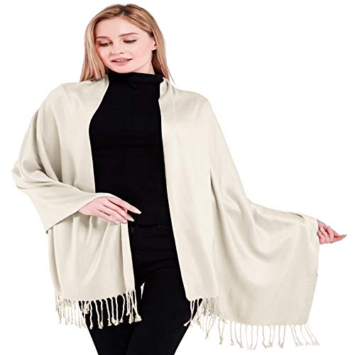 CJ Apparel Off White Cream Ivory Solid Color Tassels Design Nepalese Shawl Scarf Wrap Stole Throw Head Wrap Pashmina Hand Made in Nepal New - Image 2