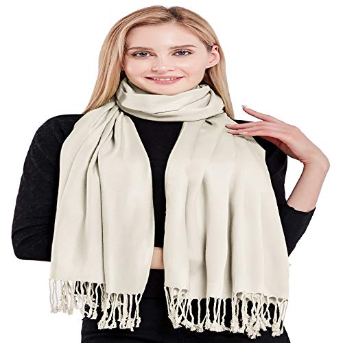 CJ Apparel Off White Cream Ivory Solid Color Tassels Design Nepalese Shawl Scarf Wrap Stole Throw Head Wrap Pashmina Hand Made in Nepal New - Image 4