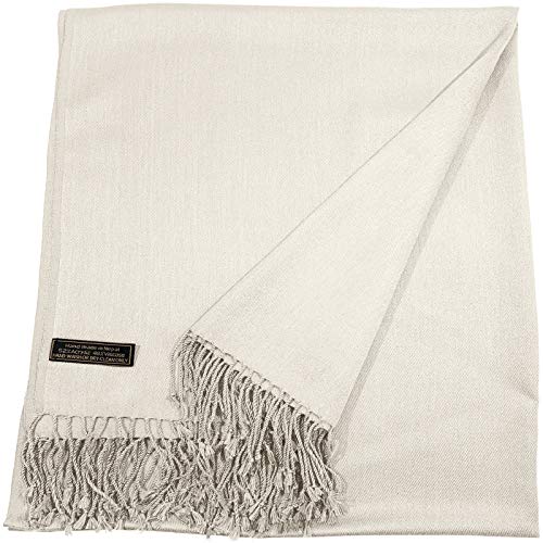 CJ Apparel Off White Cream Ivory Solid Color Tassels Design Nepalese Shawl Scarf Wrap Stole Throw Head Wrap Pashmina Hand Made in Nepal New - Image 3