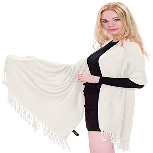 CJ Apparel Off White Cream Ivory Solid Color Tassels Design Nepalese Shawl Scarf Wrap Stole Throw Head Wrap Pashmina Hand Made in Nepal New - Image 1