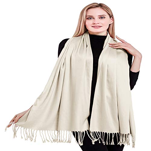 CJ Apparel Off White Cream Ivory Solid Color Tassels Design Nepalese Shawl Scarf Wrap Stole Throw Head Wrap Pashmina Hand Made in Nepal New - Image 5