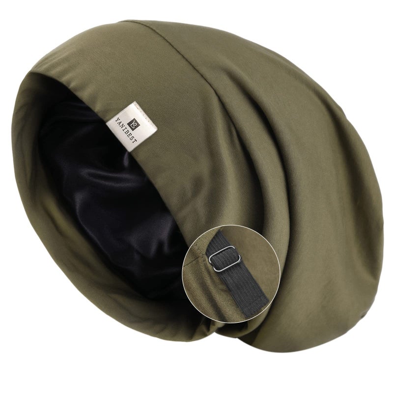 YANIBEST Silk Satin Bonnet Hair Wrap for Sleeping, Adjustable Slouchy Beanie for Women, Silk Lined for Curly Hair and Braids, Olive Green - Image 1