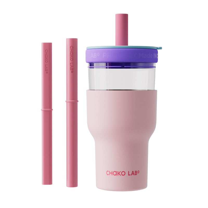 CHAKO LAB Insulated Stainless Steel Water Bottle | Dual-layer tumbler with Glass Linner and Stainsteel Linner | BPA-Free Leak Proof Thermos | 20oz Bottle with Two Straw | Pink & Purple - Image 1
