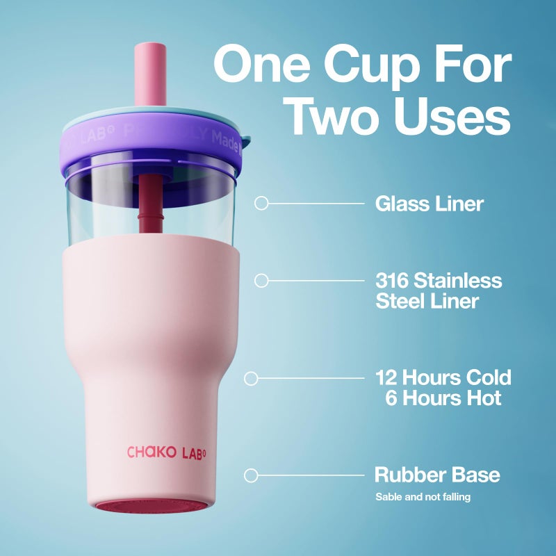 CHAKO LAB Insulated Stainless Steel Water Bottle | Dual-layer tumbler with Glass Linner and Stainsteel Linner | BPA-Free Leak Proof Thermos | 20oz Bottle with Two Straw | Pink & Purple - Image 2