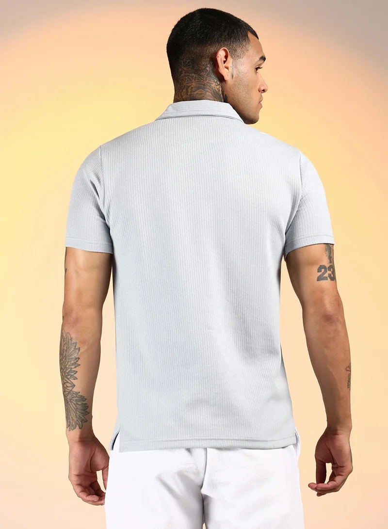 Campus Sutra Men's Icy Blue Ribbed Polo T-Shirt