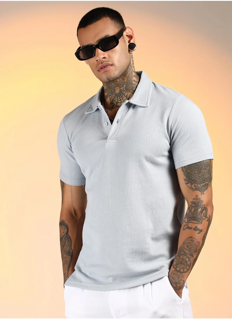 كامبوس سوترا Men's Icy Blue Ribbed Polo T-Shirt