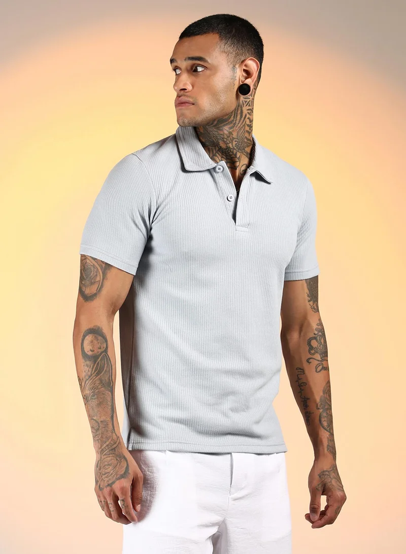 Campus Sutra Men's Icy Blue Ribbed Polo T-Shirt