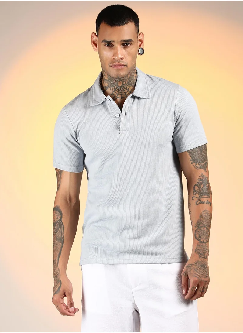 كامبوس سوترا Men's Icy Blue Ribbed Polo T-Shirt