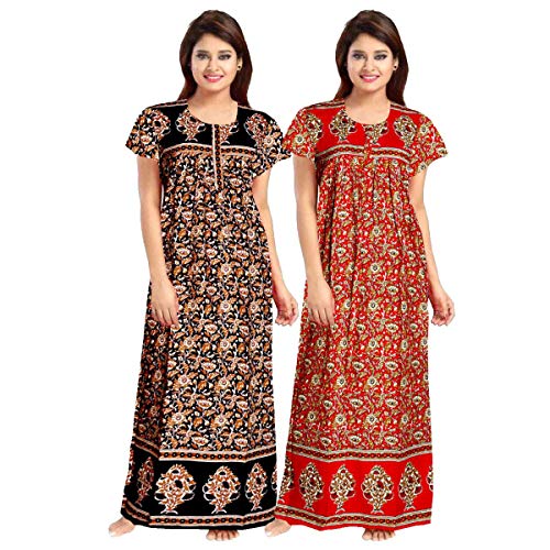 KBNBJ Nighty for Women Cotton Printed Maxi Gown Ankle Length Nighty Night Dress Gown for Women Maxi - Free Size (Pack of 2) (Red&Black) - Image 1