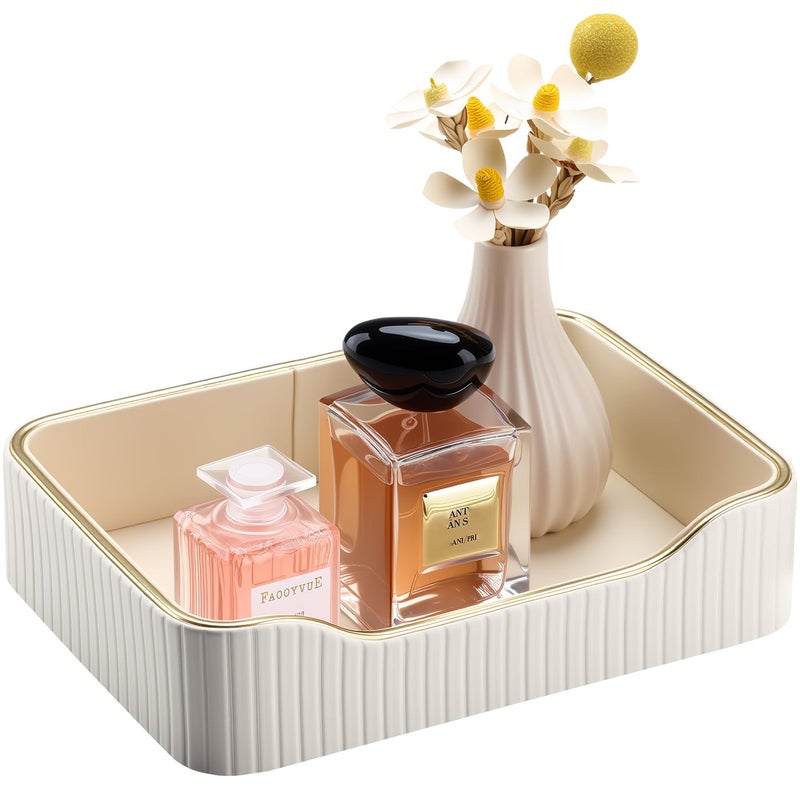 KINGFOM Prefume Tray, PU Leather Valet Tray Nightstand Organizer Trays for Men Women, Table Centerpieces Decorative Vanity Trays, Desk Organizer Tray for Key Jewelry Cosmetics (Ivory White) - Image 2