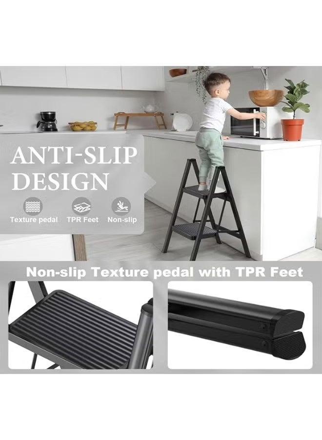 Black Folding Step Stool, Anti-Slip Safe Pedal, 330 Lbs Heavy Duty, Space-Saving, Ideal For Kitchen/Bathroom/RV/Adults/Kids - Image 5