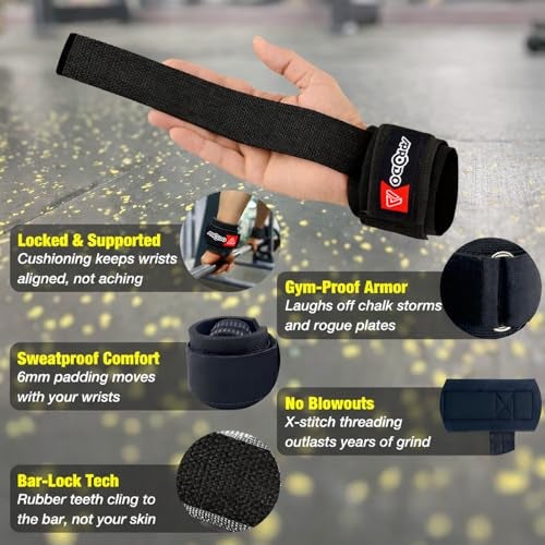 APRODO Power Weightlifting Bar Strap with Wrist Supporter for Gym | Set of 2 - Free Size (Black) | Bar Straps for Deadlifting, Neoprene Padded Bar Strap | Deadlift Weight Lifting Wrist Straps for Gym - Image 2