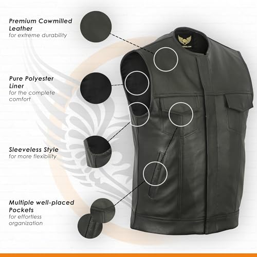 Leatherick Mens Black Motorcycle Vests - SOA Club & Traditional Paisley Satin Liner Leather Biker Vests (US, Alpha, Large, Regular, Regular, Black (Collarless)) - Image 4